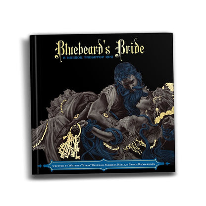 Bluebeard's Bride RPG book cover: A blue-bearded man holds golden keys while gazing at a woman with blue hair