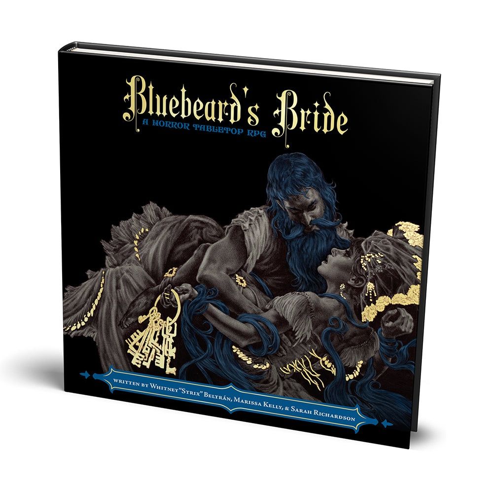 Bluebeard's Bride RPG book cover: A blue-bearded man holds golden keys over a woman with ornate gold hair