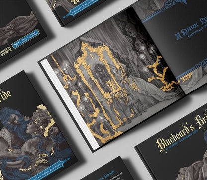 Several 'Bluebeard's Bride' horror RPG books, black with gold details, One open to a golden-framed gothic illustration
