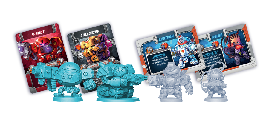 Four unpainted tabletop game miniatures of sci-fi robots and characters, with their colorful game cards