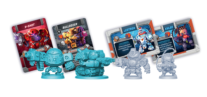 Four unpainted tabletop game miniatures of sci-fi robots and characters, with their colorful game cards