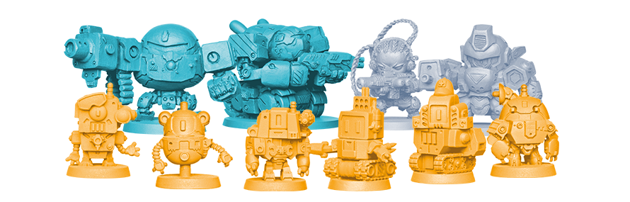 Colorful board game miniatures: orange robots in front, blue and gray mechs and characters behind