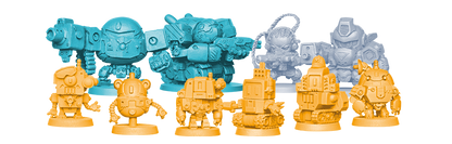 Colorful board game miniatures: orange robots in front, blue and gray mechs and characters behind