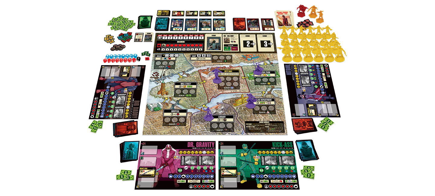A colorful Kick-Ass board game fully set up with a city map, character boards, cards, and various game pieces