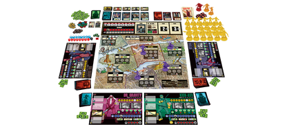 A colorful Kick-Ass board game fully set up with a city map, character boards, cards, and various game pieces