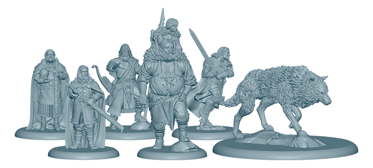 Eight unpainted gray fantasy miniatures: six bearded men, a child, and a large wolf. Some carry weapons