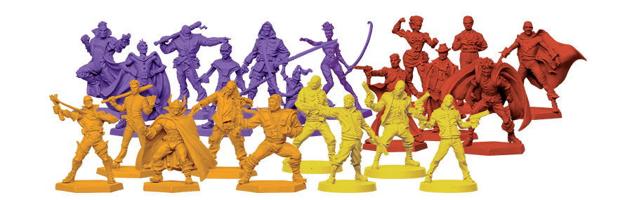 Unpainted board game miniatures in purple, orange, yellow, and red, depicting diverse characters
