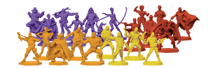 Unpainted board game miniatures in purple, orange, yellow, and red, depicting diverse characters