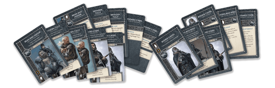 Overlapping Game of Thrones character cards, featuring Bran and Hodor, Eddard Stark, and others