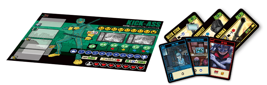 Kick-Ass board game Player board featuring Kick-Ass character art, alongside fanned game cards including Hit-Girl and weapons