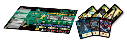 Kick-Ass board game Player board featuring Kick-Ass character art, alongside fanned game cards including Hit-Girl and weapons