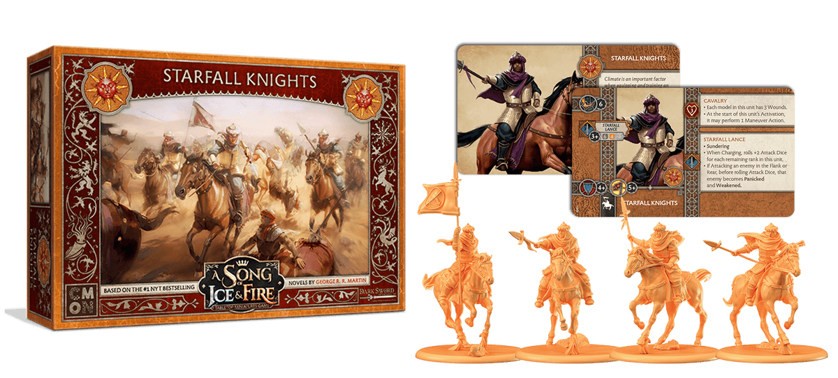 Starfall Knights A Song of Ice &amp; Fire tabletop game components: box with cavalry art, two stat cards, and four unpainted horse miniatures