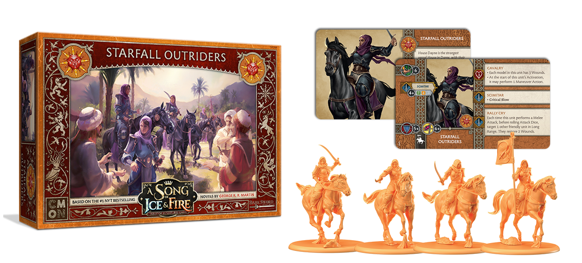 Starfall Outriders box art showing cavalry in a desert, two game cards, and four unpainted orange cavalry miniatures for A Song of Ice &amp; Fire Tabletop Miniatures Game