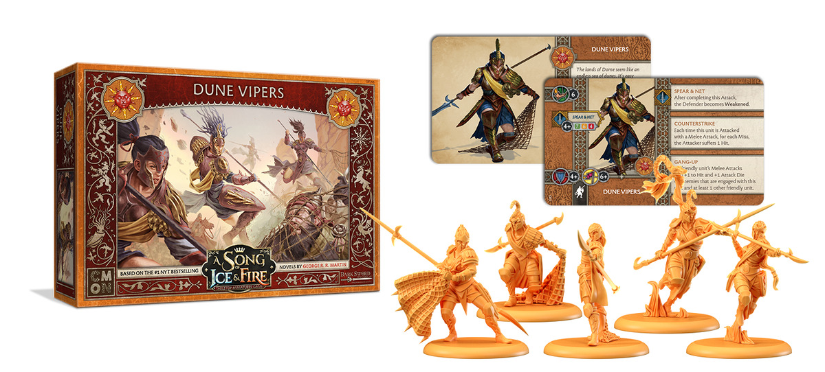 A Song of Ice &amp; Fire: Dune Vipers tabletop game box, with character art, detailed game cards showing stats and abilities, and five unpainted orange miniatures of desert warriors wielding spears and nets