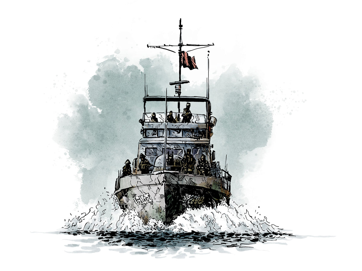 Illustrated grey military patrol boat with soldiers onboard, speeding through water and creating a bow wave An American flag flies above