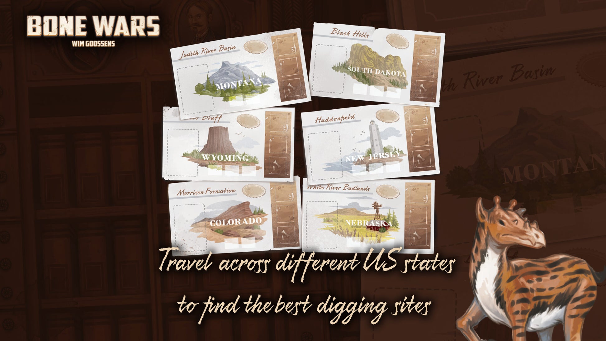 Bone Wars game: Six US state cards depict landscapes for finding digging sites. A striped, horned creature is on the right