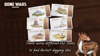 Bone Wars game: Six US state cards depict landscapes for finding digging sites. A striped, horned creature is on the right