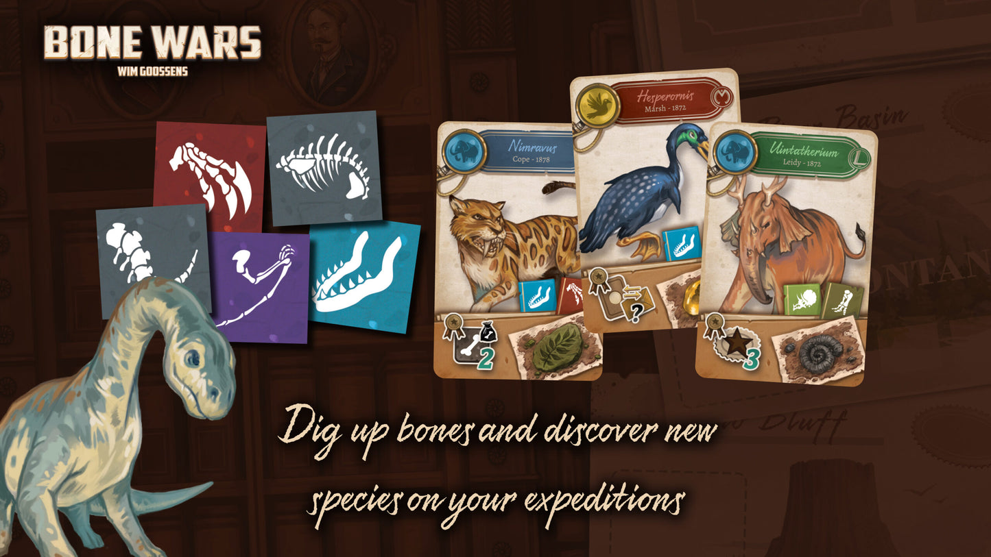 Bone Wars game: A dinosaur, skeletal cards, and cards with prehistoric animals (saber-tooth, bird, elephant) & fossil icons, representing discovery