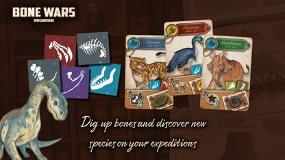 Bone Wars game: A dinosaur, skeletal cards, and cards with prehistoric animals (saber-tooth, bird, elephant) & fossil icons, representing discovery
