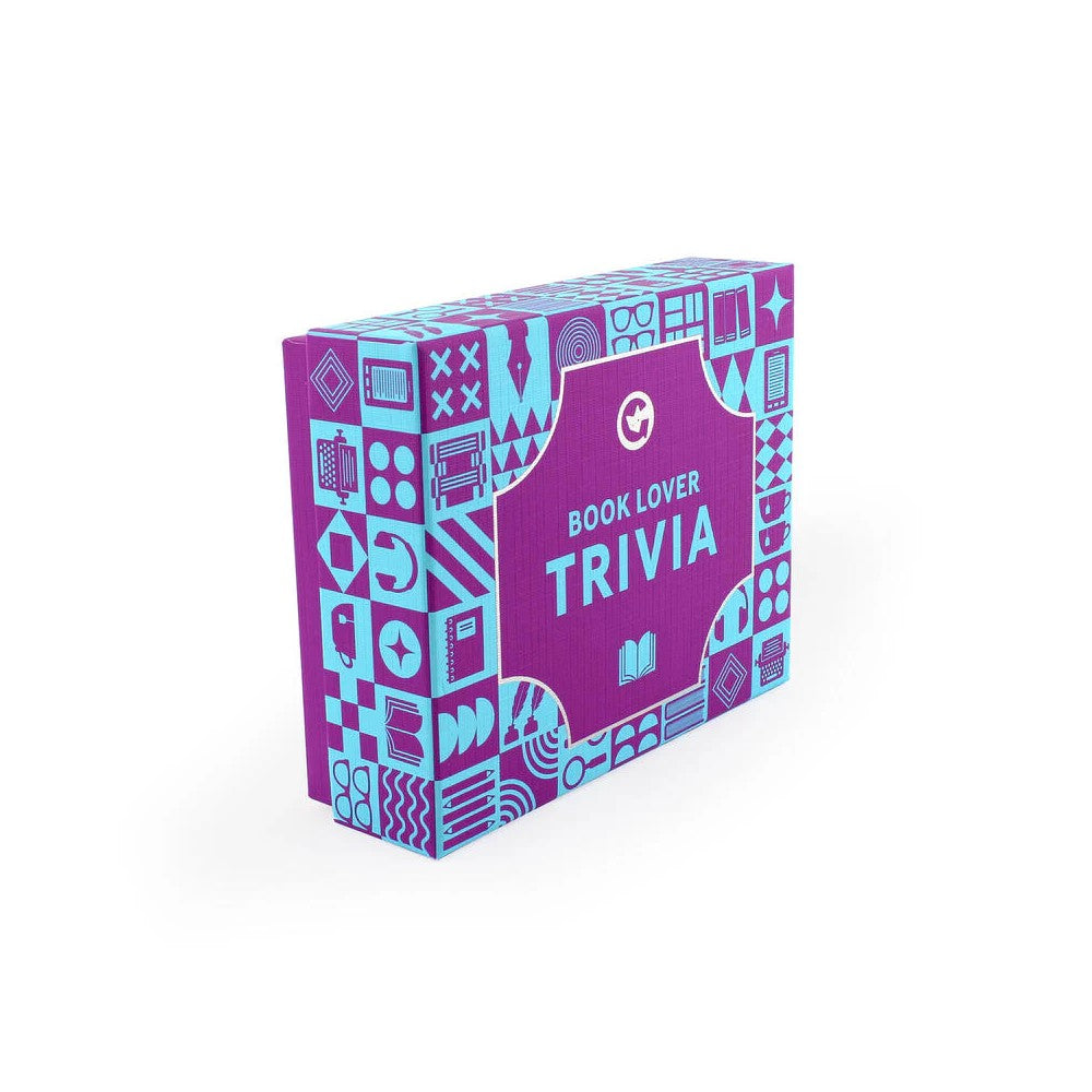 Purple and teal "Book Lover Trivia" game box with book-themed patterns