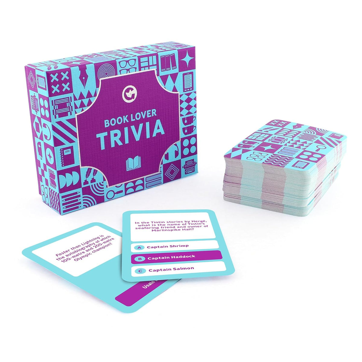 Purple and teal Book Lover Trivia game box, card deck, and two open question cards against a white background