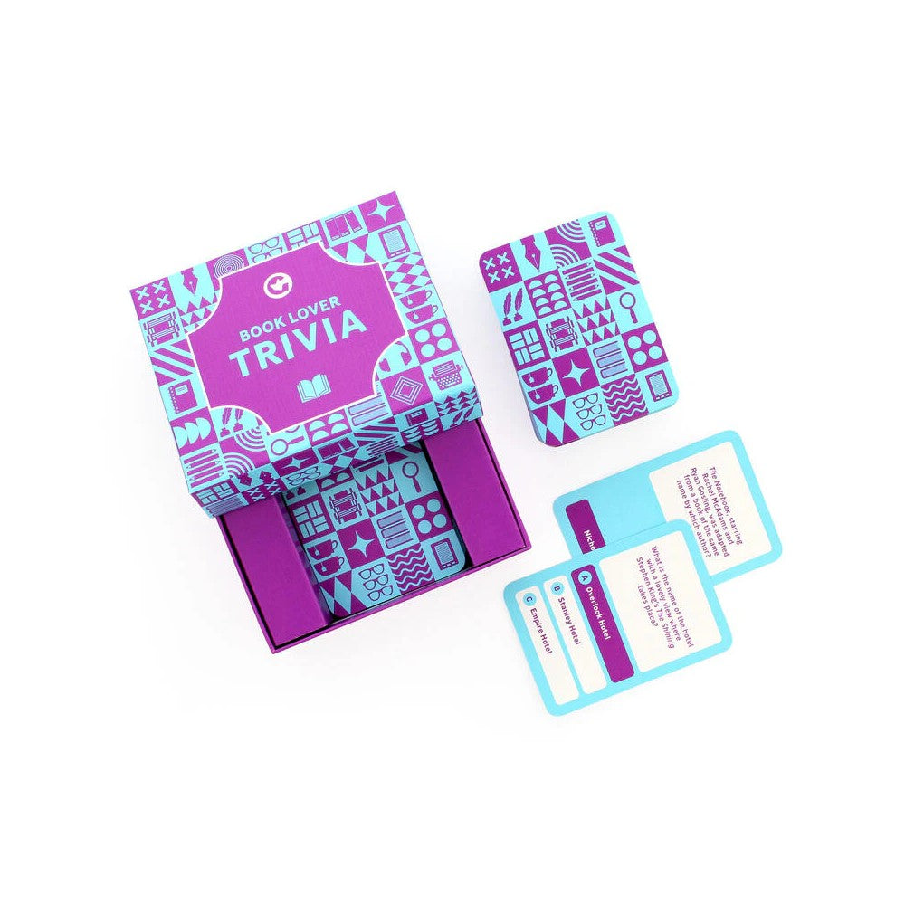 Open &#39;Book Lover Trivia&#39; game box, purple and teal, with trivia cards displaying literary questions