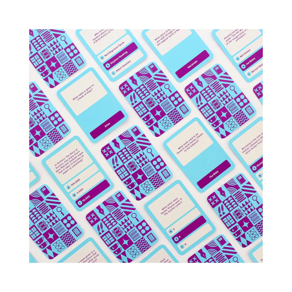 Blue trivia cards with questions and answers, alongside purple patterned game cards, arranged on white