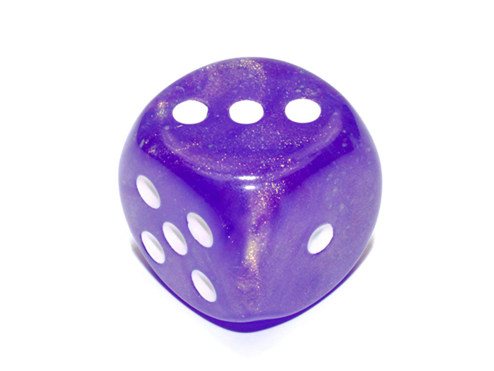Purple glittery die showing faces 3, 5, and 1 on a white background