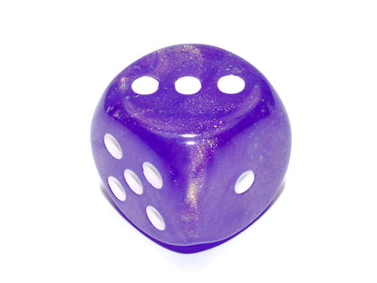 Purple glittery die showing faces 3, 5, and 1 on a white background