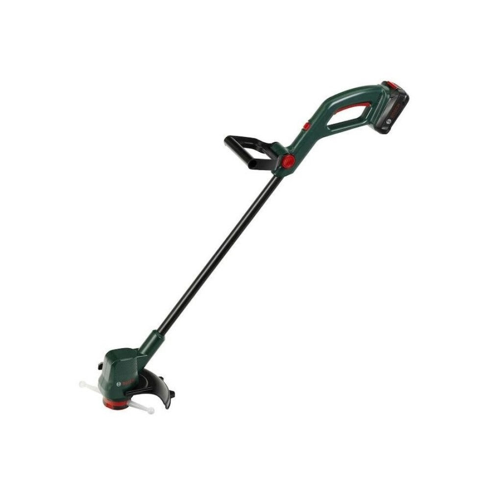 A cordless green and black string trimmer with red accents, shown on a white background