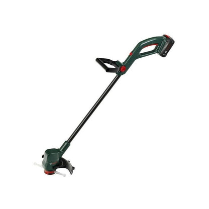 A cordless green and black string trimmer with red accents, shown on a white background