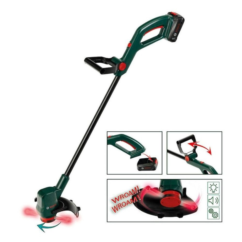 Green and black Bosch cordless grass trimmer, active with a red spinning glow at its base, highlighting features