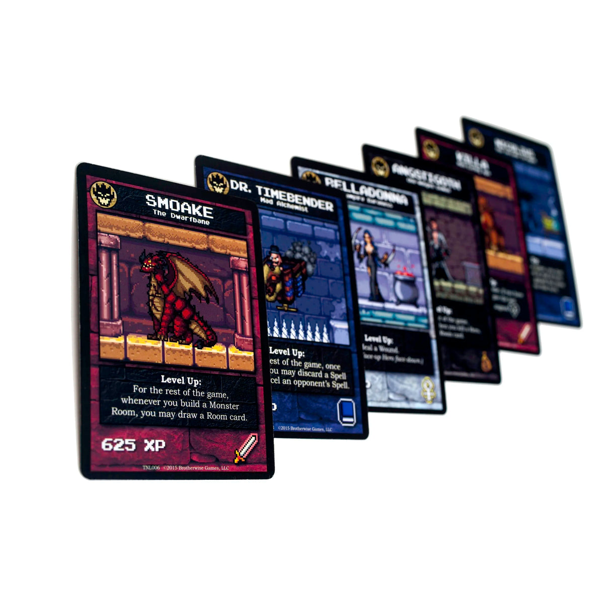 A fan of Boss Monster The Next Level game cards displaying pixel art characters and game rules on a white background