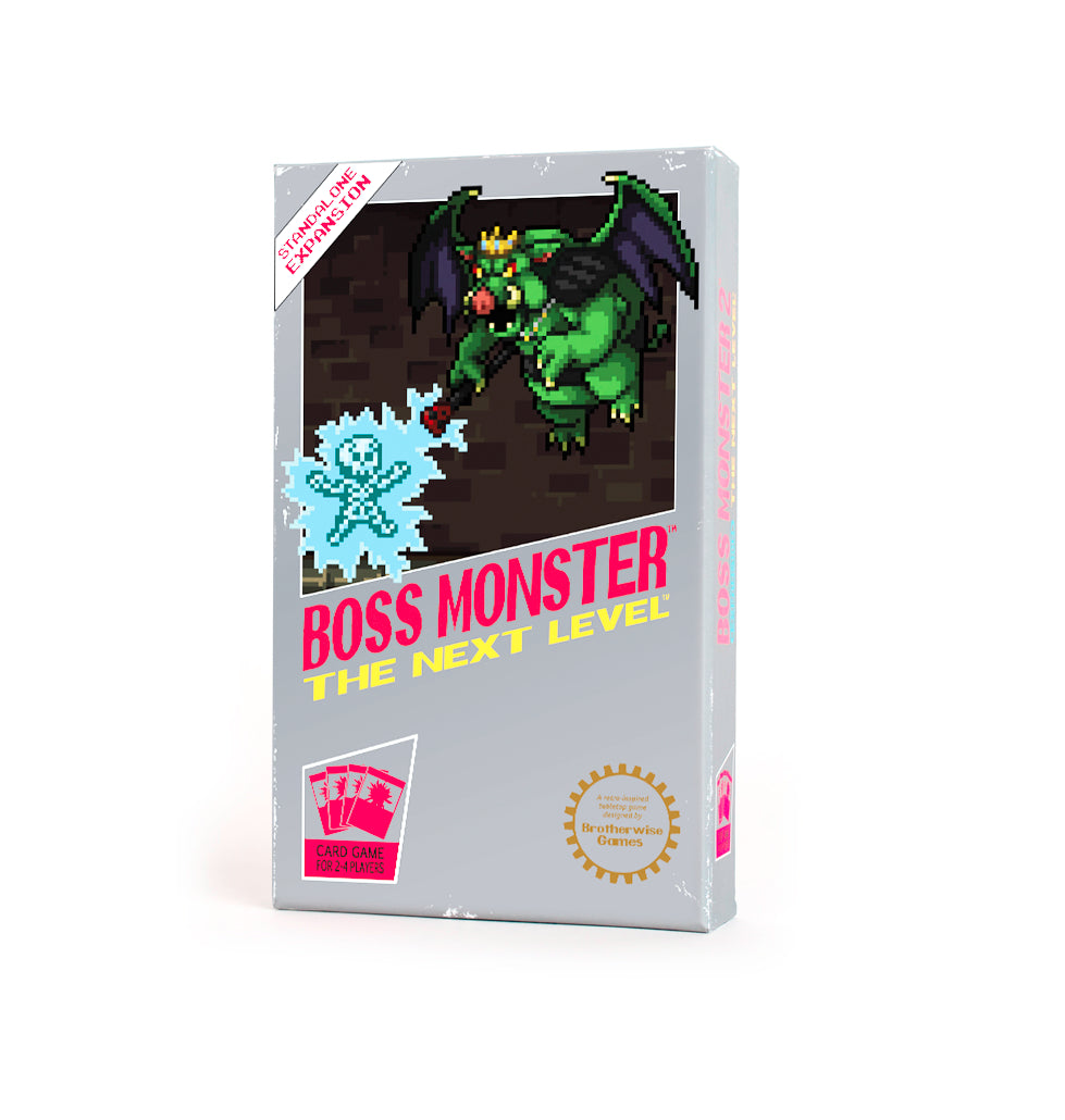 A video game-style box for the Boss Monster The Next Level board game, featuring a pixelated green monster attacking a blue skeleton