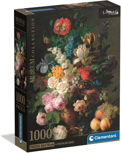Clementoni Museum Collection 1000-piece jigsaw puzzle box with a classical painting of a vibrant flower bouquet and fruit