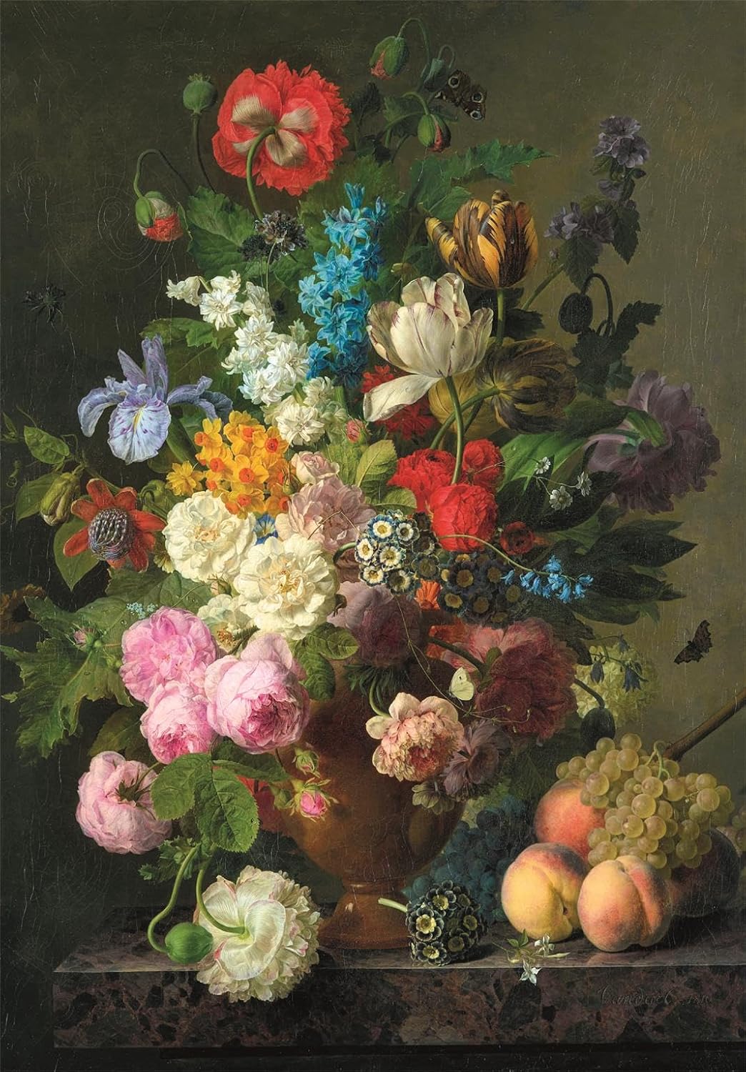 A lavish still life painting of colorful flowers in a vase, with fruit and insects