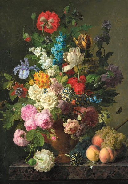 A lavish still life painting of colorful flowers in a vase, with fruit and insects