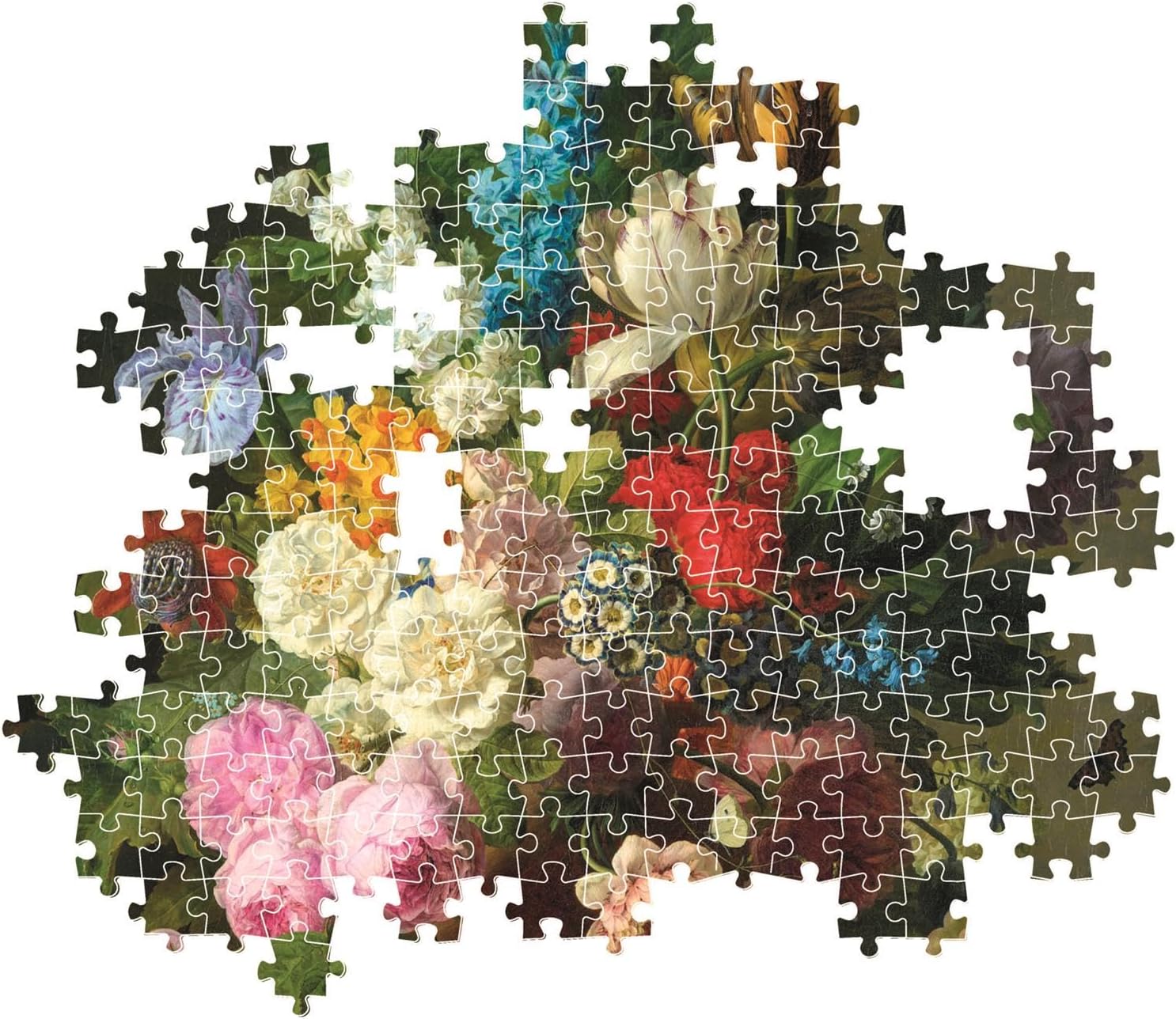 An incomplete jigsaw puzzle depicting a classical floral still life, with vibrant flowers and visible gaps