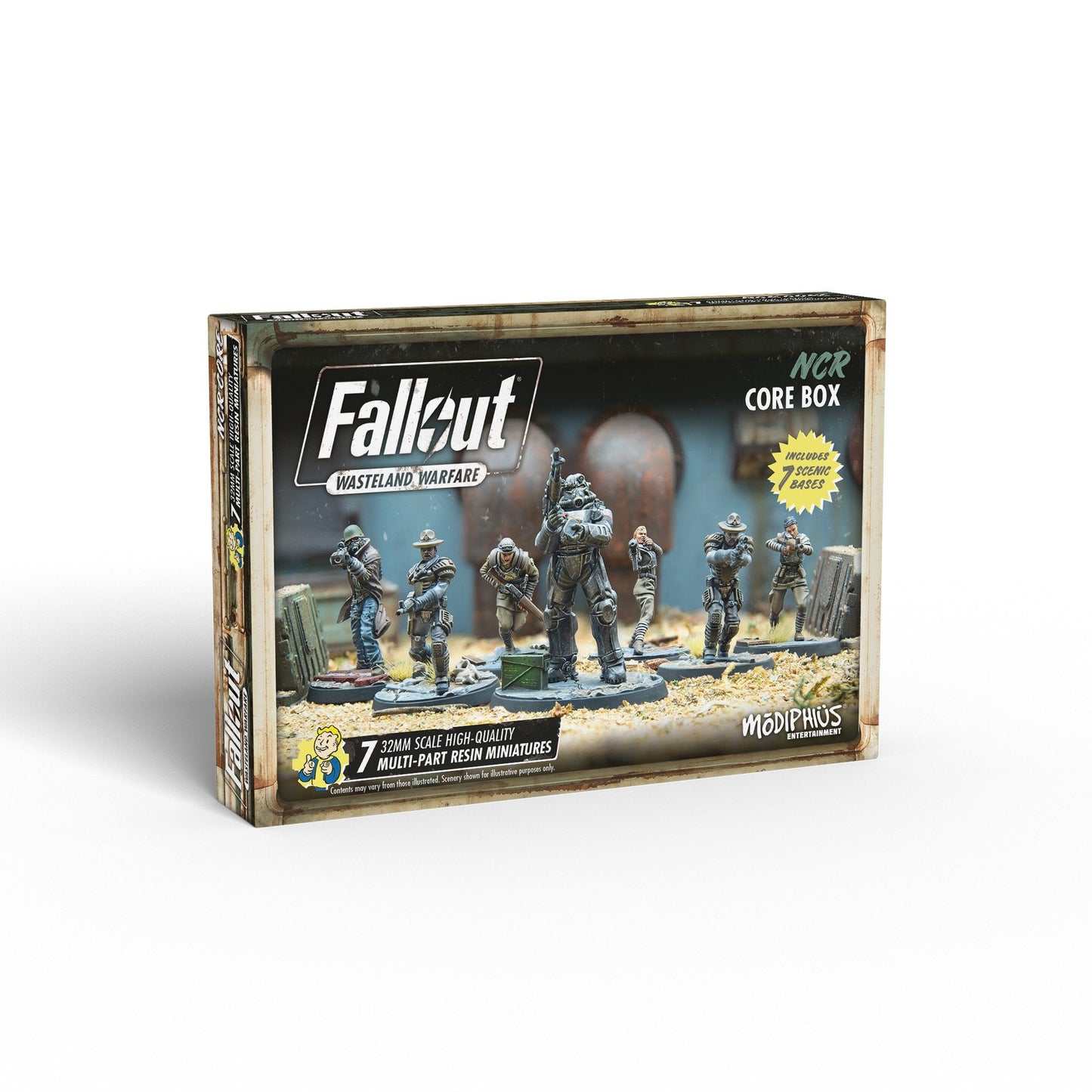 NCR Core Box displaying seven armed, detailed miniature figures, one in power armor