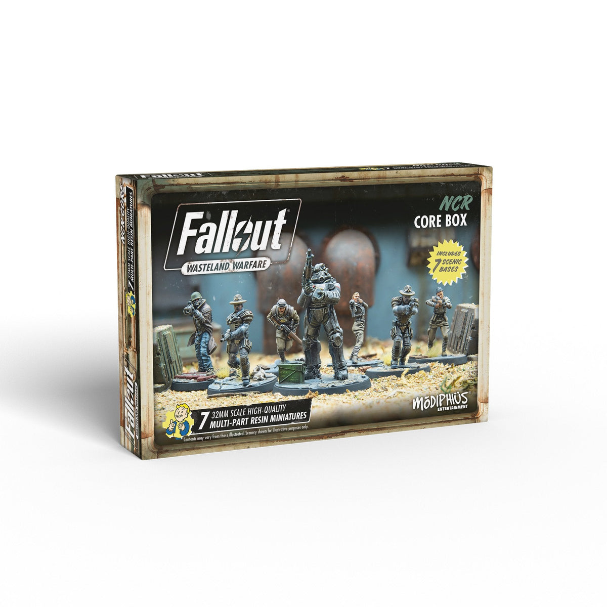NCR Core Box displaying seven armed, detailed miniature figures, one in power armor