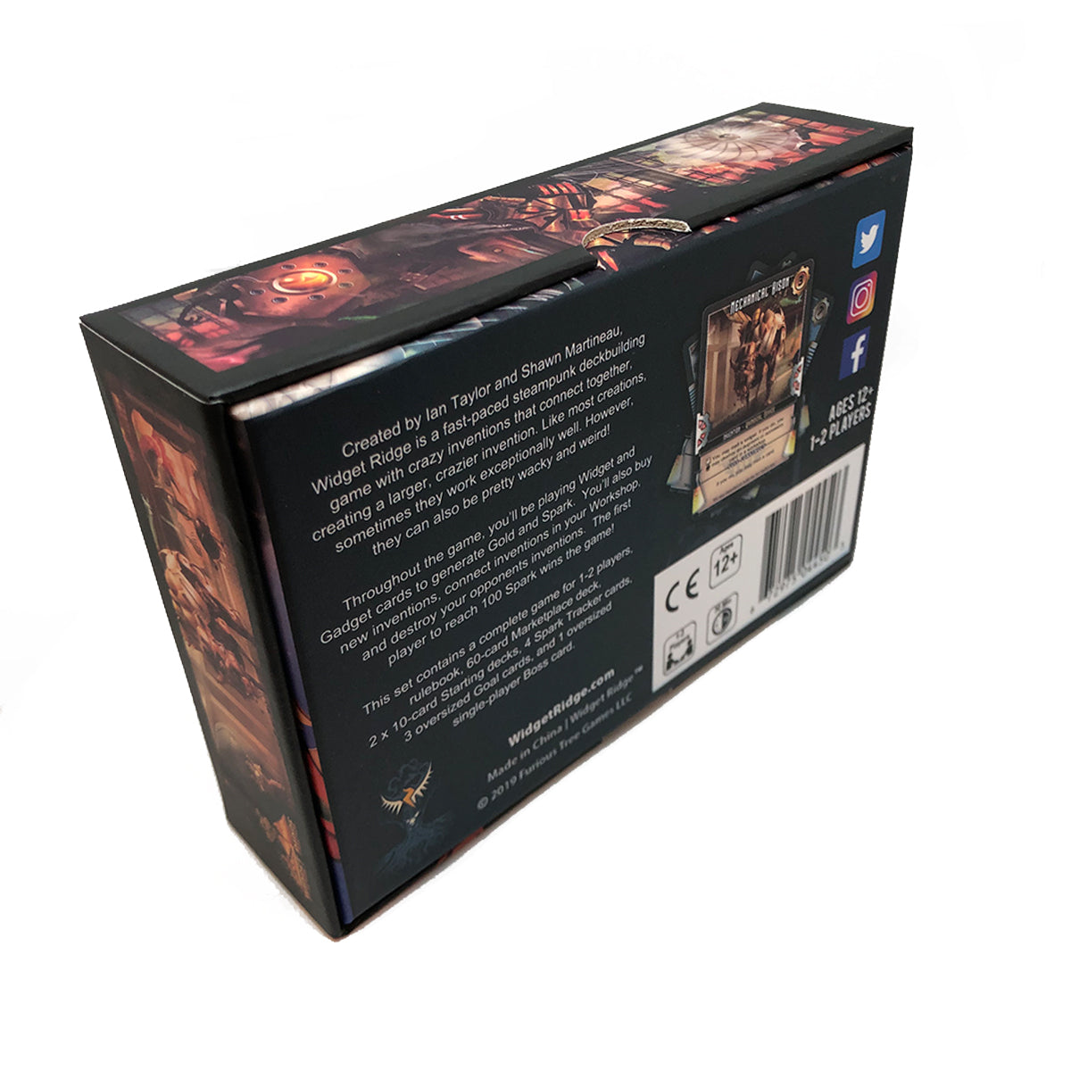 Angled view of a Widget Ridge steampunk deckbuilding game box, showing art and game details