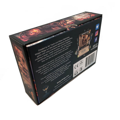 Angled view of a Widget Ridge steampunk deckbuilding game box, showing art and game details