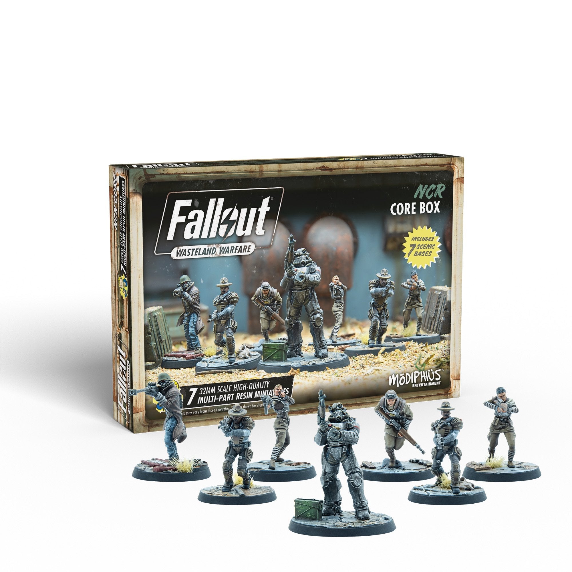 NCR Core Box displayed with seven unpainted resin miniatures, including a power-armored character