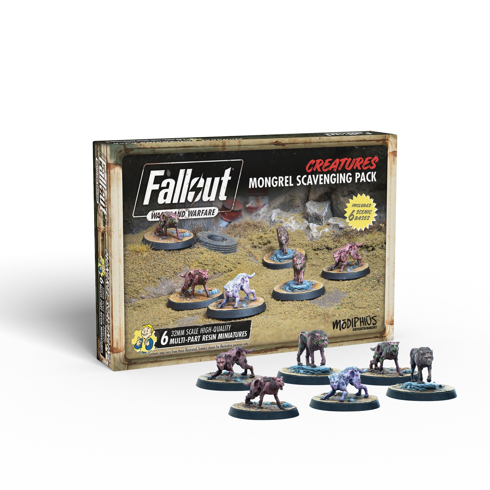 Fallout: Wasteland Warfare 'Mongrel Scavenging Pack' box, with six painted resin miniatures of mutated dogs