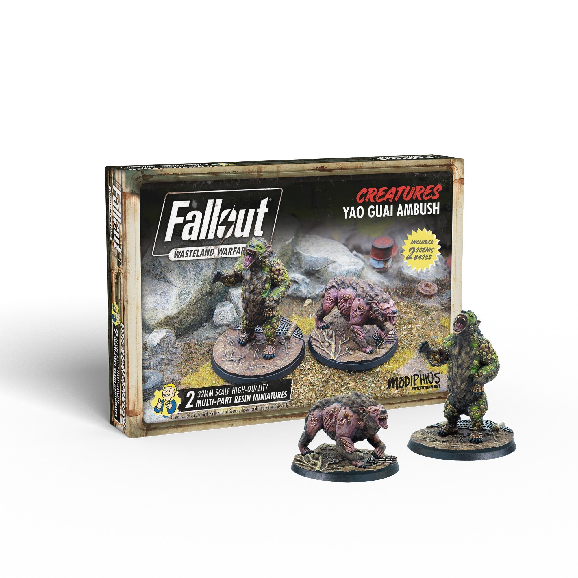 Two painted Fallout Yao Guai miniatures, one green and standing, one pink and crawling, with their 'Wasteland Warfare' game box