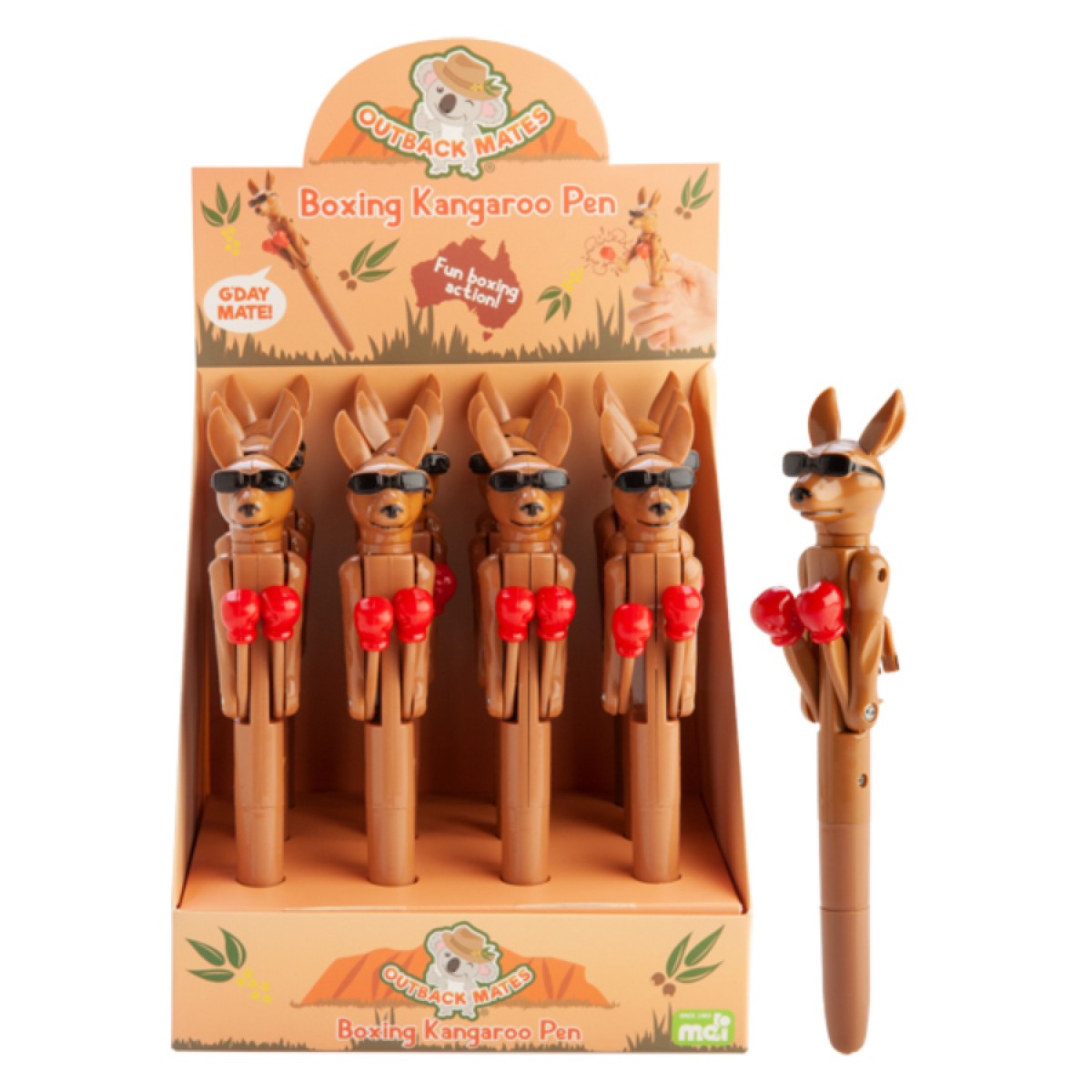 A display box of "Boxing Kangaroo Pens": brown kangaroos in black sunglasses and red boxing gloves