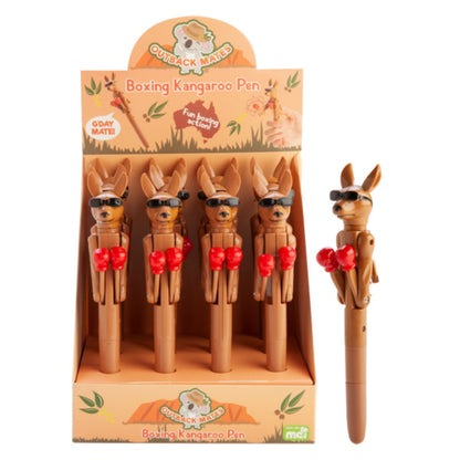 A display box of "Boxing Kangaroo Pens": brown kangaroos in black sunglasses and red boxing gloves