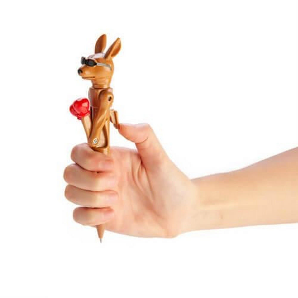 A hand holds a novelty kangaroo pen wearing sunglasses and a red boxing glove