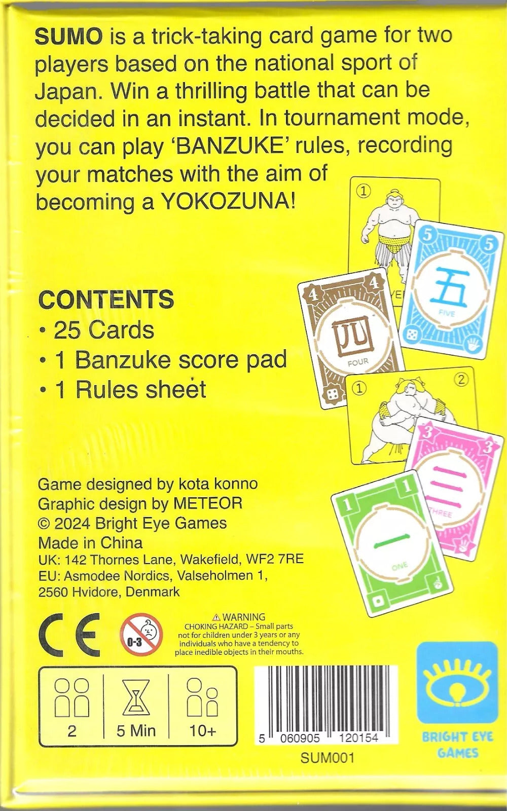 Yellow &#39;SUMO&#39; card game box back, showing game description, contents, and fanned-out cards with sumo wrestlers and numbers.