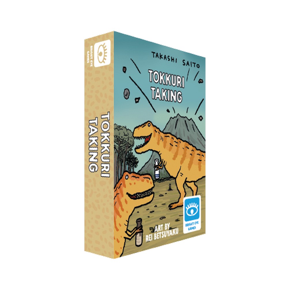 A game box for "Tokkuri Taking" featuring two cartoon dinosaurs holding bottles and a smoking volcano